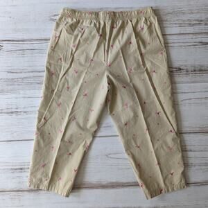 Basic Editions Flamingo Embroidered Capri Khaki Pants sz Large